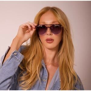 LUXURY Rimless Oversized Cateye Leopard Tiger Sunglasses Gold Accent Purple NEW